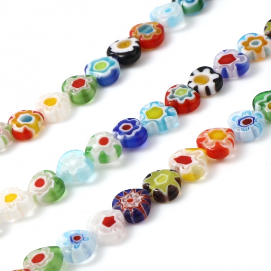 Picture of Lampwork Glass Valentine's Day Millefiori Beads Heart At Random Color Flower About 8mm x 7mm, Hole: Approx 1mm, 34cm(13 3/8") long, 1 Strand (Approx 48 PCs/Strand)