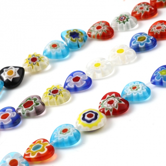 Picture of Lampwork Glass Valentine's Day Millefiori Beads Heart At Random Color Mixed Flower About 12mm x 11mm, Hole: Approx 1mm, 35cm(13 6/8") long, 1 Strand (Approx 32 PCs/Strand)
