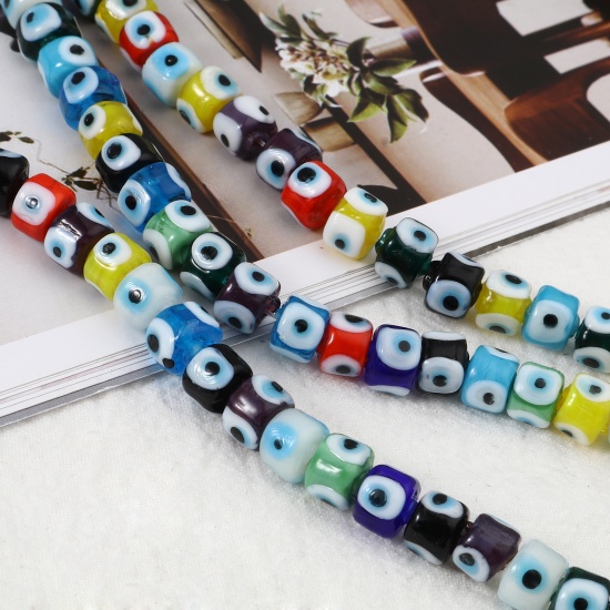 Picture of Lampwork Glass Religious Millefiori Beads Cylinder At Random Color Evil Eye About 8.5mm x 6.5mm, Hole: Approx 1mm, 37cm(14 5/8") long, 1 Strand (Approx 40 PCs/Strand)