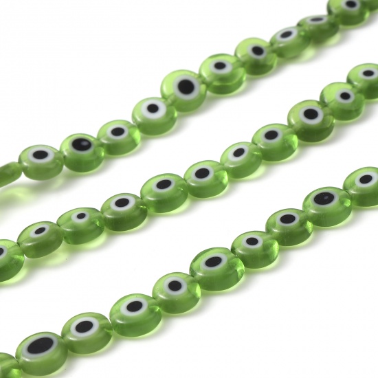 Picture of Lampwork Glass Religious Millefiori Beads Flat Round Green Evil Eye About 6mm Dia, Hole: Approx 1mm, 36cm(14 1/8") long, 1 Strand (Approx 65 PCs/Strand)