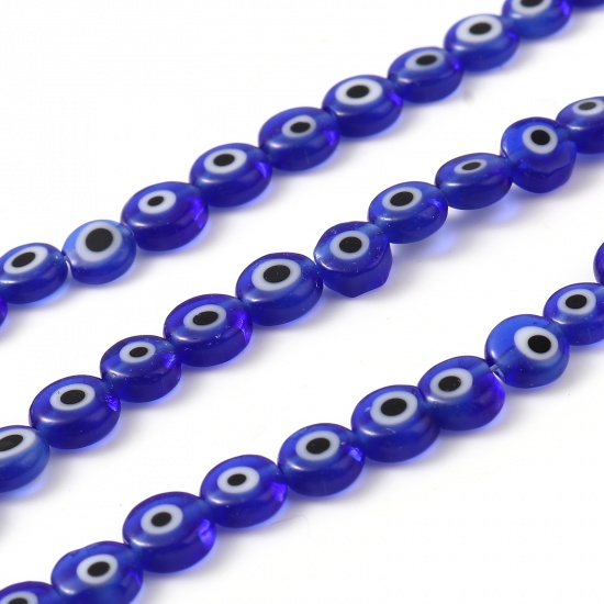 Picture of Lampwork Glass Religious Millefiori Beads Flat Round Dark Blue Evil Eye About 6mm Dia, Hole: Approx 1mm, 36cm(14 1/8") long, 1 Strand (Approx 65 PCs/Strand)