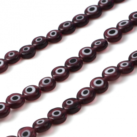 Picture of Lampwork Glass Religious Millefiori Beads Flat Round Purple Evil Eye About 6mm Dia, Hole: Approx 1mm, 36cm(14 1/8") long, 1 Strand (Approx 65 PCs/Strand)