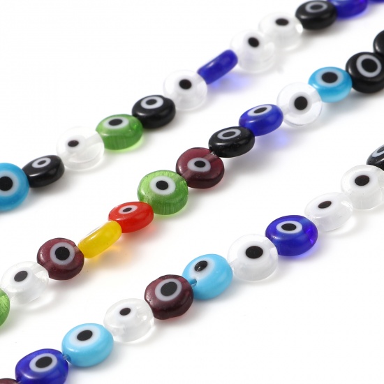 Picture of Lampwork Glass Religious Millefiori Beads Flat Round At Random Color Mixed Evil Eye About 6mm Dia, Hole: Approx 1mm, 36cm(14 1/8") long, 1 Strand (Approx 65 PCs/Strand)