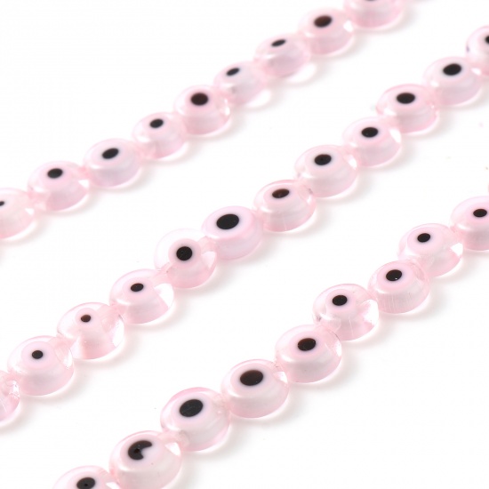 Picture of Lampwork Glass Religious Millefiori Beads Flat Round Pink Evil Eye About 6mm Dia, Hole: Approx 1mm, 36cm(14 1/8") long, 1 Strand (Approx 65 PCs/Strand)
