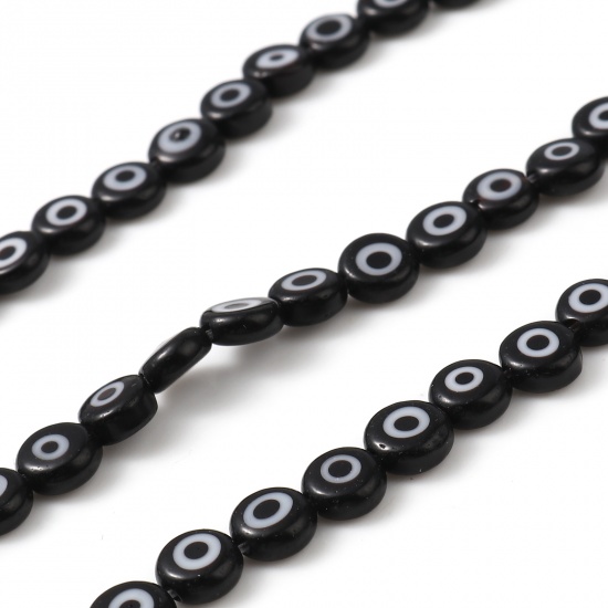 Picture of Lampwork Glass Religious Millefiori Beads Flat Round Black Evil Eye About 8mm Dia, Hole: Approx 1mm, 37cm(14 5/8") long, 1 Strand (Approx 48 PCs/Strand)