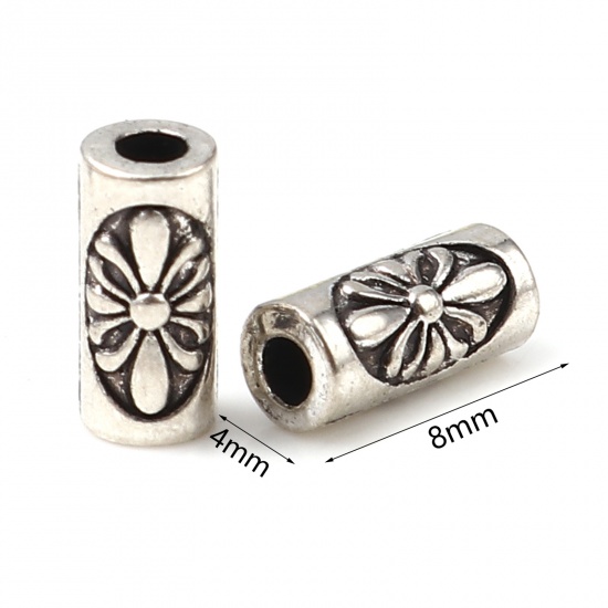 Picture of Zinc Based Alloy Spacer Beads Cylinder Antique Silver Color Flower About 8mm x 4mm, Hole: Approx 1.8mm, 300 PCs