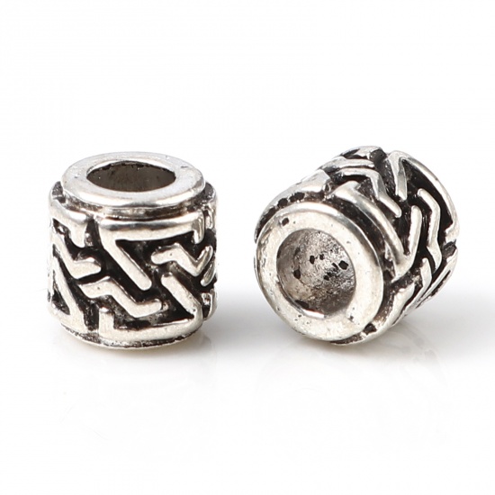 Picture of Zinc Based Alloy Spacer Beads Cylinder Antique Silver Color Carved Pattern About 7mm x 7mm, Hole: Approx 3.5mm, 50 PCs