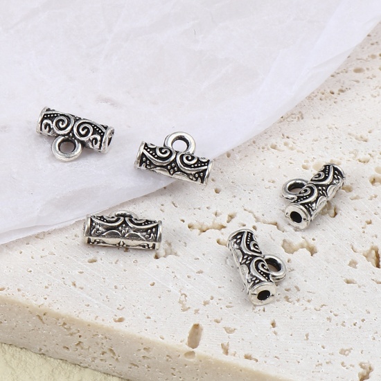 Picture of Zinc Based Alloy Bail Beads Cylinder Antique Silver Color Carved Pattern 10mm x 7mm, 200 PCs