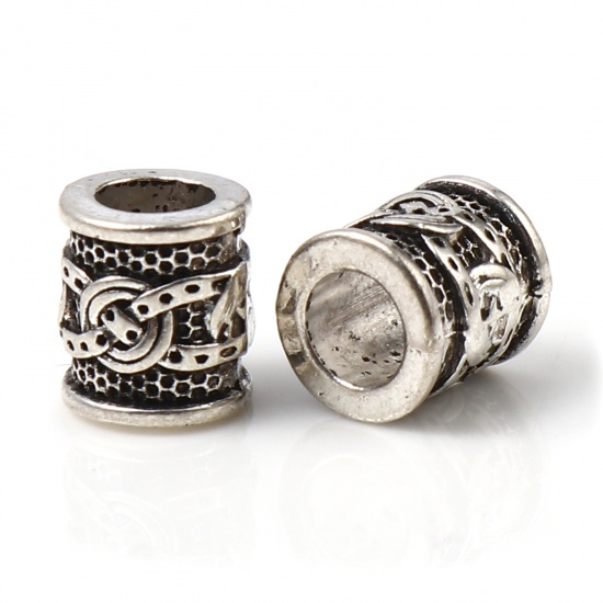 Picture of Zinc Based Alloy Spacer Beads Cylinder Antique Silver Color Carved Pattern About 9mm x 8mm, Hole: Approx 4.8mm, 50 PCs