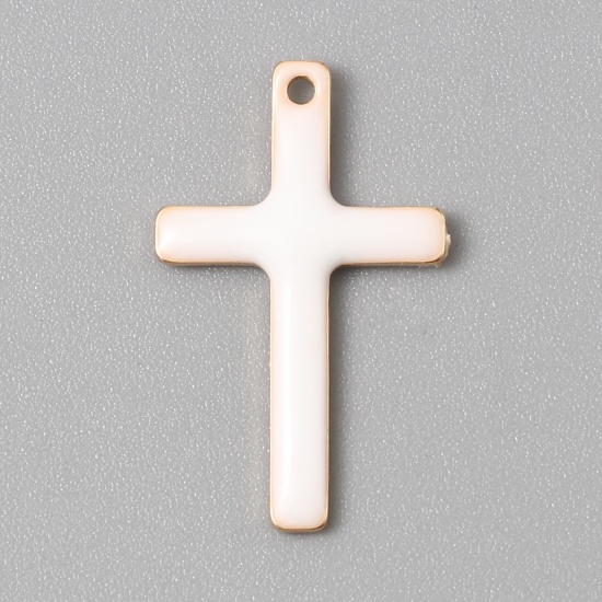 Picture of Brass Religious Charms Gold Plated White Cross Double-sided Enamelled Sequins 18mm x 11mm, 5 PCs                                                                                                                                                              