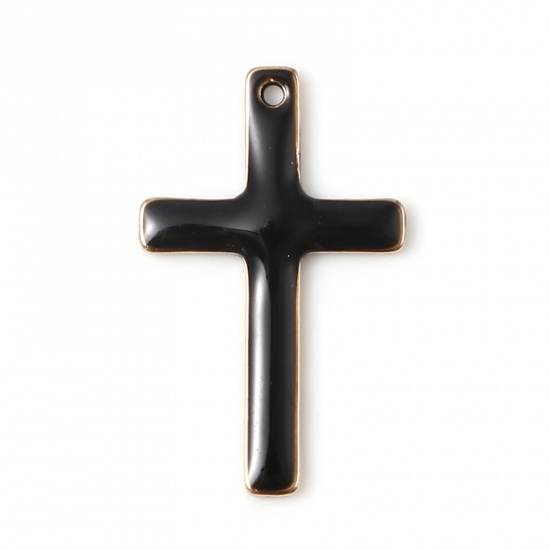 真鍮 宗教チャーム 金メッキ 黒 クロス 両面エナメルスパンコール 18mm x 11mm、 5 個                                                                                                                                                                                                             の画像