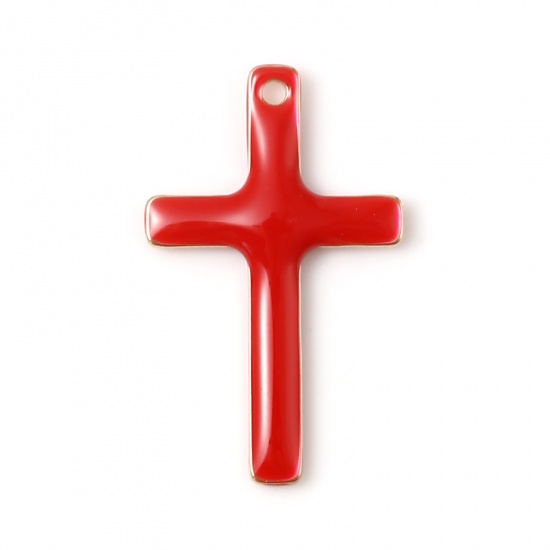 真鍮 宗教チャーム 金メッキ 赤 クロス 両面エナメルスパンコール 18mm x 11mm、 5 個                                                                                                                                                                                                             の画像