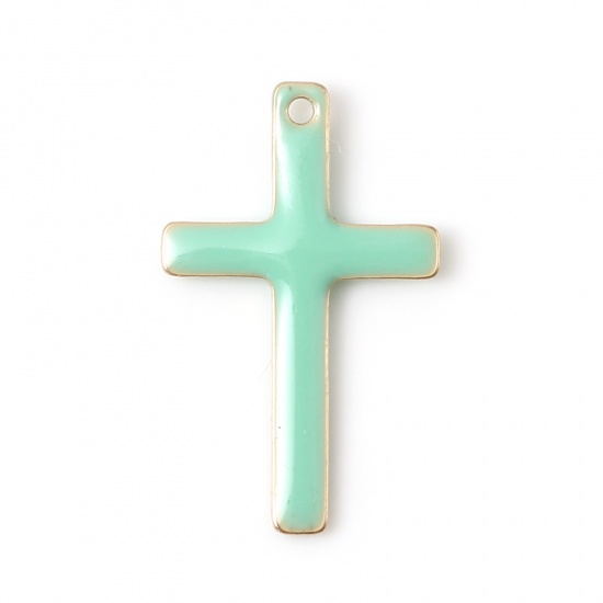 Picture of Brass Religious Charms Gold Plated Light Green Cross Double-sided Enamelled Sequins 18mm x 11mm, 5 PCs                                                                                                                                                        