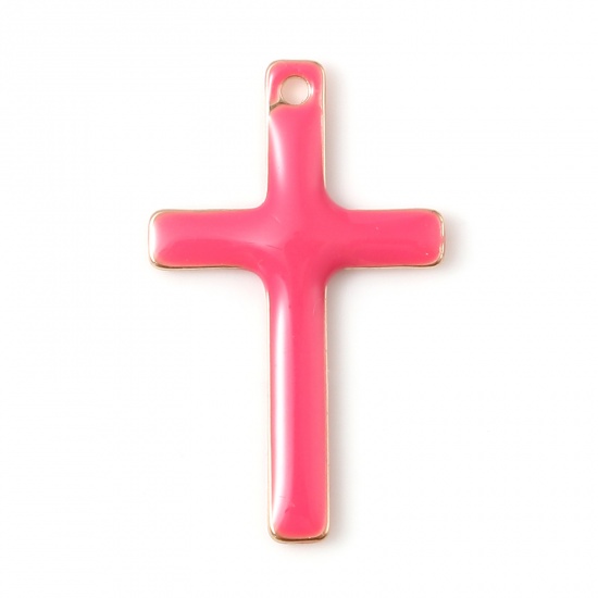 Picture of Brass Religious Charms Gold Plated Fuchsia Cross Double-sided Enamelled Sequins 18mm x 11mm, 5 PCs                                                                                                                                                            