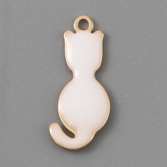 Picture of Brass Enamelled Sequins Charms Gold Plated White Cat Animal 18mm x 8mm, 5 PCs                                                                                                                                                                                 