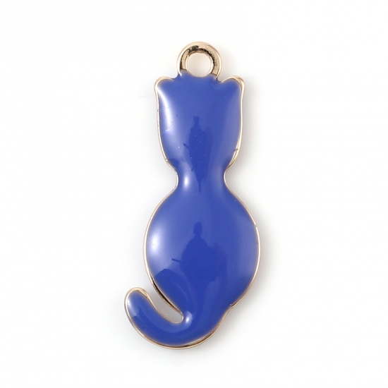 Picture of Brass Enamelled Sequins Charms Gold Plated Royal Blue Cat Animal 18mm x 8mm, 5 PCs                                                                                                                                                                            
