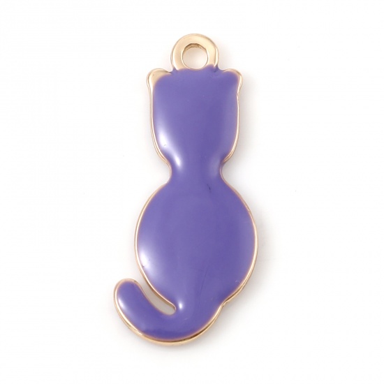 Picture of Brass Enamelled Sequins Charms Gold Plated Blue Violet Cat Animal 18mm x 8mm, 5 PCs                                                                                                                                                                           