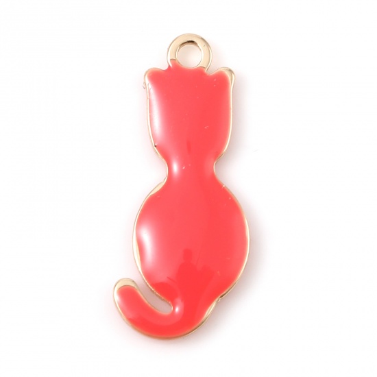 Picture of Brass Enamelled Sequins Charms Gold Plated Orange-red Cat Animal 18mm x 8mm, 5 PCs                                                                                                                                                                            