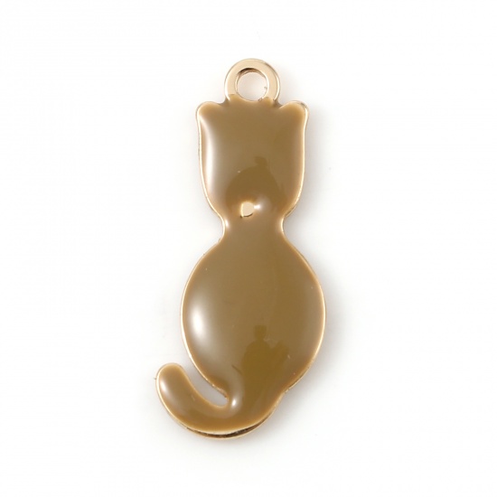 Picture of Brass Enamelled Sequins Charms Gold Plated Light Coffee Cat Animal 18mm x 8mm, 5 PCs                                                                                                                                                                          