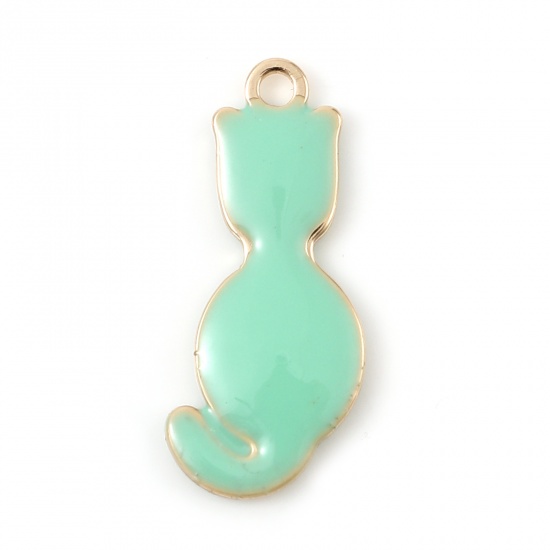 Picture of Brass Enamelled Sequins Charms Gold Plated Light Green Cat Animal 18mm x 8mm, 5 PCs                                                                                                                                                                           