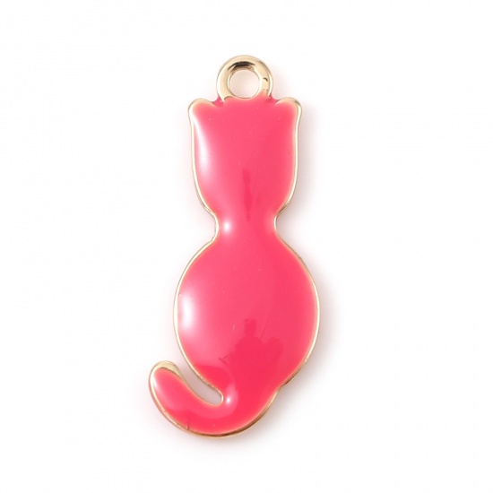 Picture of Brass Enamelled Sequins Charms Gold Plated Fuchsia Cat Animal 18mm x 8mm, 5 PCs                                                                                                                                                                               