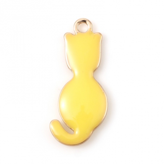 Picture of Brass Enamelled Sequins Charms Gold Plated Yellow Cat Animal 18mm x 8mm, 5 PCs                                                                                                                                                                                