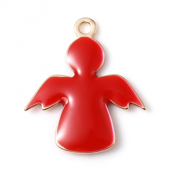 Picture of Brass Religious Charms Gold Plated Red Angel Double-sided Enamelled Sequins 19mm x 16mm, 5 PCs                                                                                                                                                                