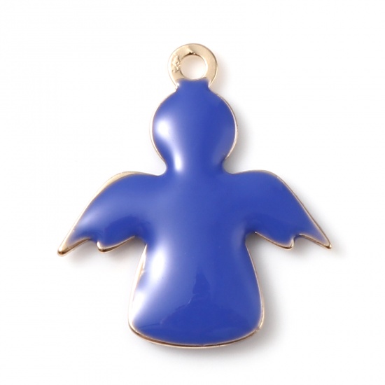Picture of Brass Religious Charms Gold Plated Royal Blue Angel Double-sided Enamelled Sequins 19mm x 16mm, 5 PCs                                                                                                                                                         