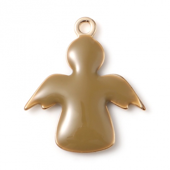Picture of Brass Religious Charms Gold Plated Light Coffee Angel Double-sided Enamelled Sequins 19mm x 16mm, 5 PCs                                                                                                                                                       