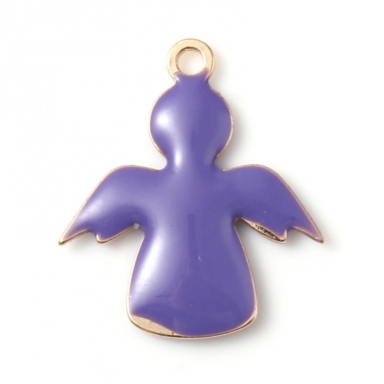 Picture of Brass Religious Charms Gold Plated Blue Violet Angel Double-sided Enamelled Sequins 19mm x 16mm, 5 PCs                                                                                                                                                        