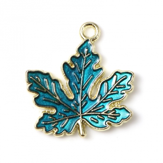 Picture of Zinc Based Alloy Charms Maple Leaf Gold Plated Peacock Blue Enamel 21mm x 20mm, 20 PCs