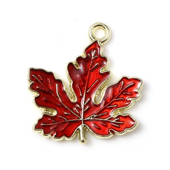 Picture of Zinc Based Alloy Charms Maple Leaf Gold Plated Red Enamel 21mm x 20mm, 20 PCs