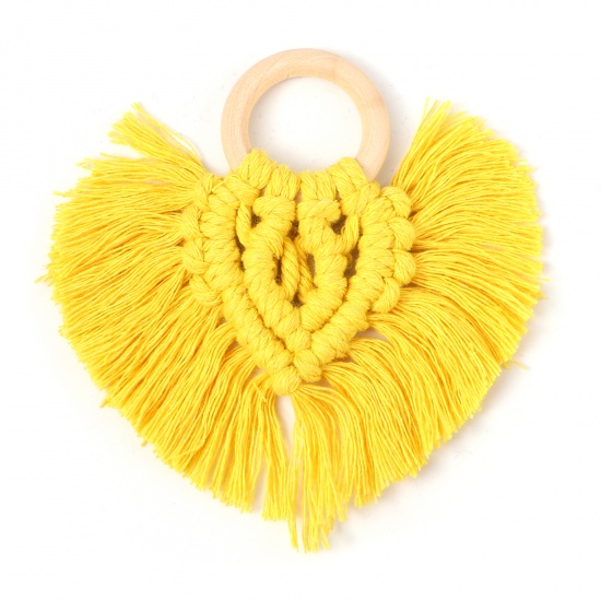 Picture of Wood & Polyester Tassel Pendants Heart Yellow 9.5cm x 9cm, 1 Piece