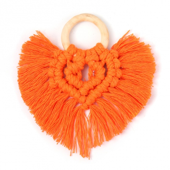 Picture of Wood & Polyester Tassel Pendants Heart Orange 9.5cm x 9cm, 1 Piece