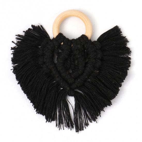 Picture of Wood & Polyester Tassel Pendants Heart Black 9.5cm x 9cm, 1 Piece