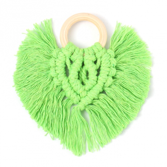 Picture of Wood & Polyester Tassel Pendants Heart Green 9.5cm x 9cm, 1 Piece