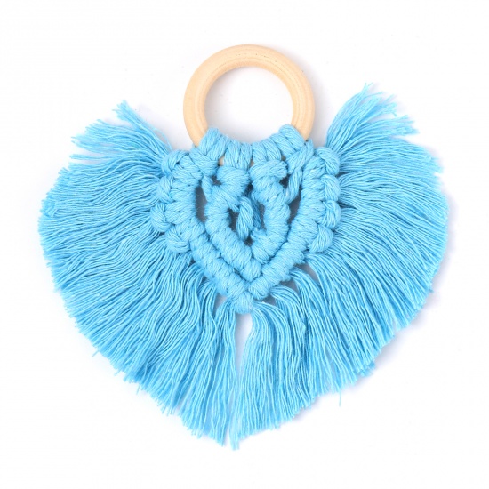 Picture of Wood & Polyester Tassel Pendants Heart Skyblue 9.5cm x 9cm, 1 Piece
