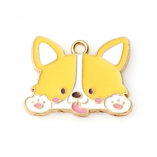 Picture of Zinc Based Alloy Charms Corrci Dog Gold Plated White & Yellow Enamel 24mm x 19mm, 10 PCs