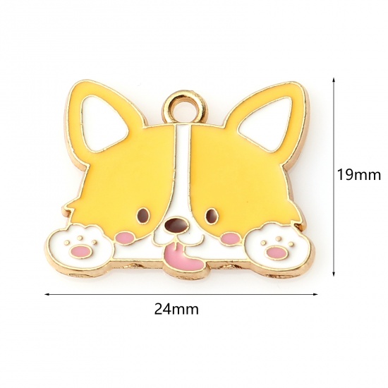 Picture of Zinc Based Alloy Charms Corrci Dog Gold Plated White & Yellow Enamel 24mm x 19mm, 10 PCs