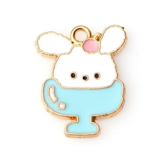 Picture of Zinc Based Alloy Charms Rabbit Animal Gold Plated White & Blue Enamel 22mm x 17mm, 10 PCs