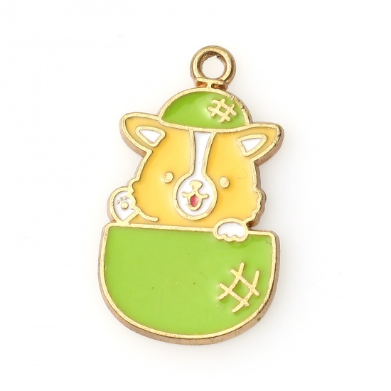 Picture of Zinc Based Alloy Charms Dog Animal Gold Plated Green & Yellow Enamel 27mm x 16mm, 10 PCs