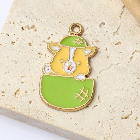 Picture of Zinc Based Alloy Charms Dog Animal Gold Plated Green & Yellow Enamel 27mm x 16mm, 10 PCs