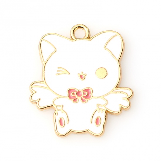 Picture of Zinc Based Alloy Charms Cat Animal Gold Plated White & Pink Wing Enamel 26mm x 23mm, 10 PCs