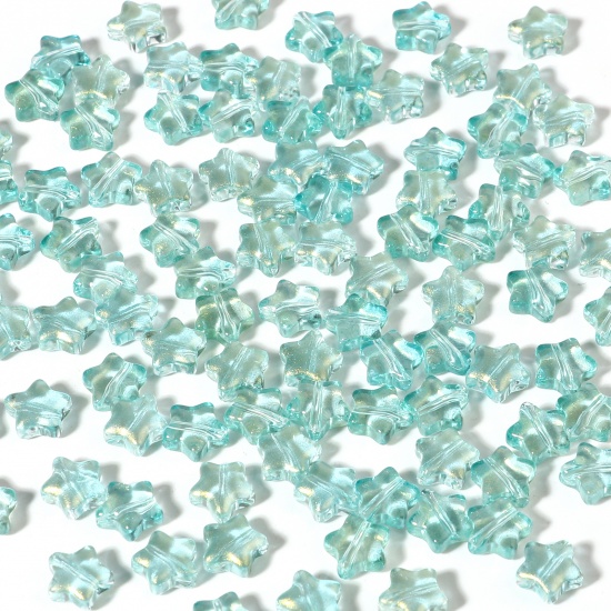 Picture of Lampwork Glass Galaxy Beads Pentagram Star Cyan Glitter About 8mm x 8mm, Hole: Approx 1mm, 50 PCs