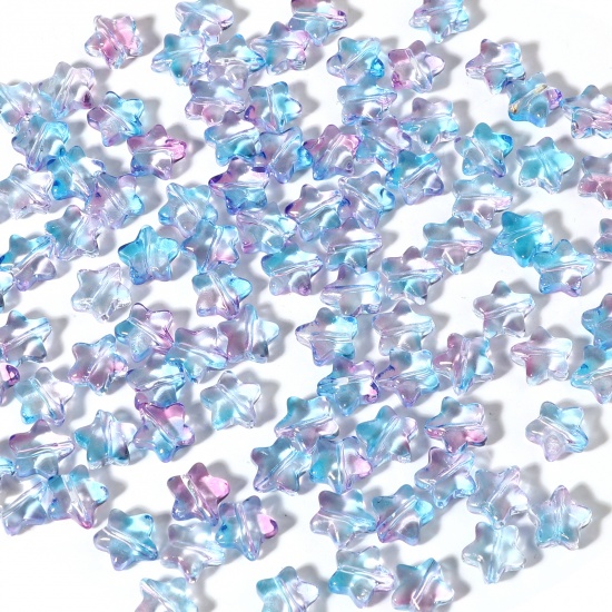 Picture of Lampwork Glass Galaxy Beads Pentagram Star Purple & Blue Glitter About 8mm x 8mm, Hole: Approx 1mm, 50 PCs