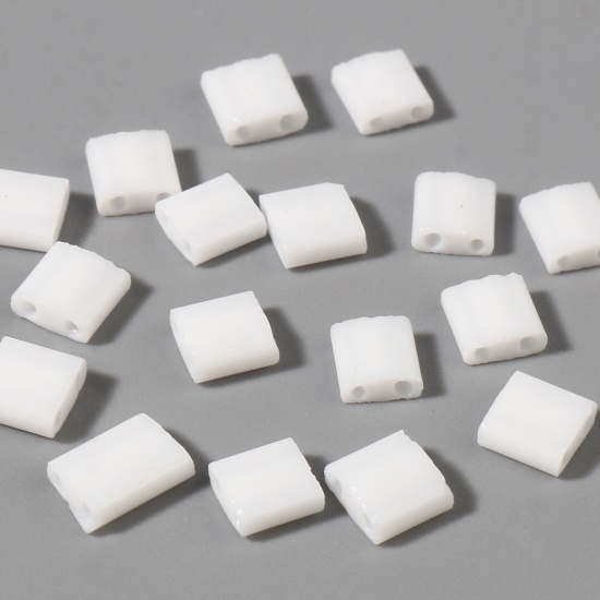 Picture of Glass Two Holes Seed Beads White Square 5mm x 5mm, 0.8mm, 50 PCs