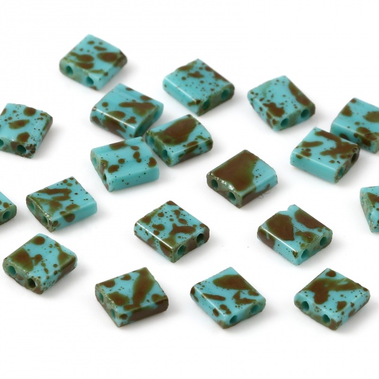 Immagine di Vetro Due Fori Seme Perline Lago Blu Quadrato Polka Dot 5mm x 5mm, 0.8mm, 20 Pz