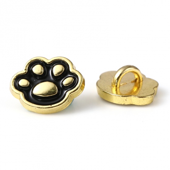 Picture of Zinc Based Alloy Pet Memorial Metal Sewing Shank Buttons Gold Plated Black Paw Claw Enamel 7.6mm x 6.3mm, 20 PCs