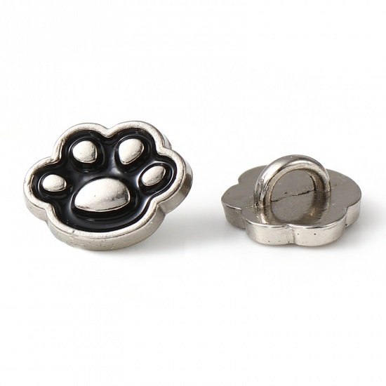 Picture of Zinc Based Alloy Pet Memorial Metal Sewing Shank Buttons Silver Tone Black Paw Claw Enamel 7.6mm x 6.3mm, 20 PCs