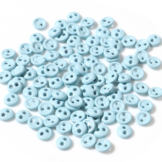 Picture of Zinc Based Alloy Metal Sewing Buttons Two Holes Light Blue Round 3mm Dia., 50 PCs